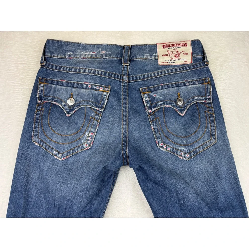 True Religion Mens 33x33 Jeans Grungy Distressed Blue Faded Denim